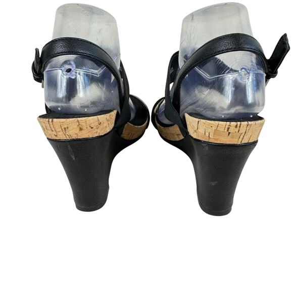 Aerosoles Black Plush Behind Open Toe Cork Wedge High Heels Strappy Size 10 - Picture 3 of 7